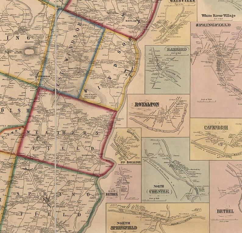 Map of Windsor County Vermont VT 1856. Vintage restoration Etsy