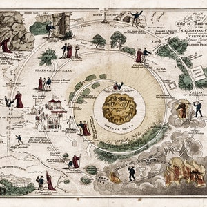 Ilustração A Estrada da Cidade da Destruição para a Cidade Celestial - O Progresso do Peregrino 1850. Reprodução de mapa de decoração vintage para casa.