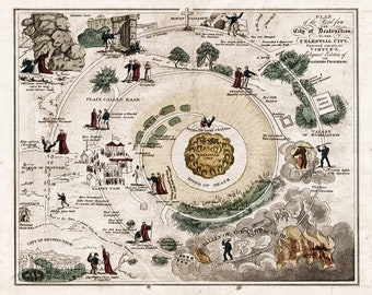 Illustration The Road From the City of Destruction to the Celestial City - The Pilgrim's Progress 1850. Vintage home Décor reproduction map.