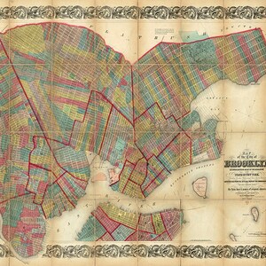 Mappa di Brooklyn, Williamsburgh, Green Point e Bushwick. New York, NY. Restoration Hardware Home Deco Style Old Wall Vintage Reprint.