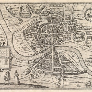 Kaart van Bristol en Clifton, Engeland, Verenigd Koninkrijk 1581. Oude muurkaart in restauratiebeslag in huisdecoratiestijl. Vintage reproductie