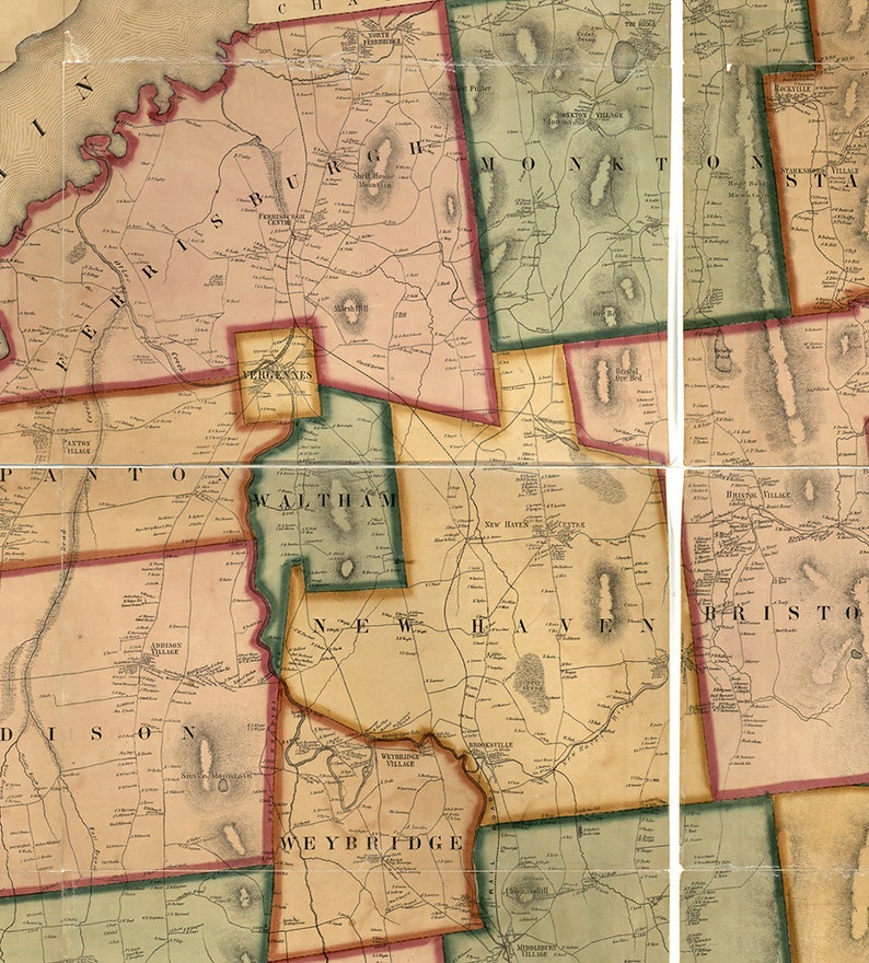 map-of-addison-county-vermont-vt-1857-vintage-restoration-etsy