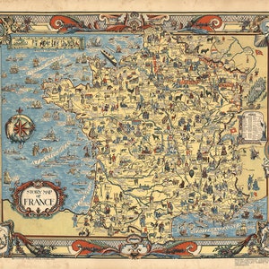 Bildkarte von Frankreich.  Eine alte Wandkarte im Vintage-Stil.