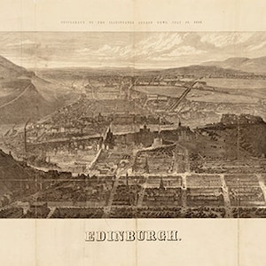 Vue panoramique d'Édimbourg, Écosse, 1868. Matériel de restauration vintage pour maison, impression de reproduction de carte murale de style déco.