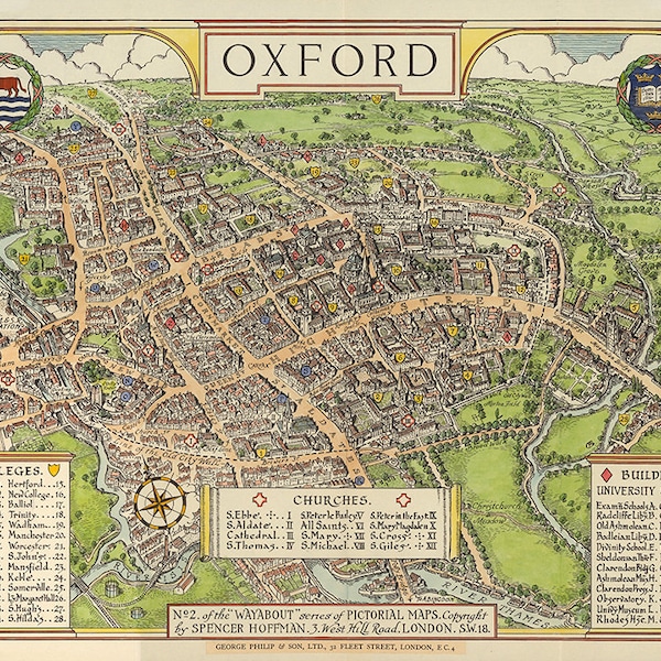 Map of Oxford, UK.  Restoration Hardware Home Deco Style Old Wall Map. Vintage Reproduction