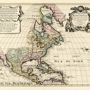 Kaart van Noord-Amerika in 1760.  Chez R. & J. Ottens.  Toont een aantal routes van exploratie, land en zee.  Vintage reproductiekaart.