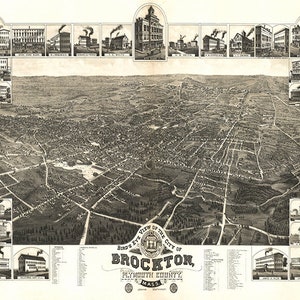 Mapa de Brockton, condado de Plymouth, Massachusetts, 1882. Reimpresión vintage de estilo antiguo de Restoration Hardware Home Deco.