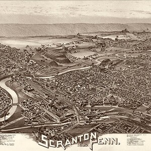 Historische Vogelperspektive auf Scranton, Lackawanna County Pennsylvania, PA 1890.  Vintage Restaurierung Hardware Reproduktion Karte drucken.