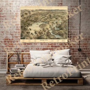 May include: An antique map of Middlesex Fells, a large park in Massachusetts, with a detailed illustration of the area's topography and landmarks. The map is printed in sepia tones and features a key with names of locations.