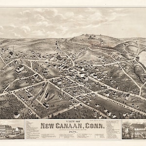 Map of New Canaan, Fairfield Co, Conn., Connecticut CT 1878.  Vintage restoration hardware home Deco Style old wall reproduction map print.