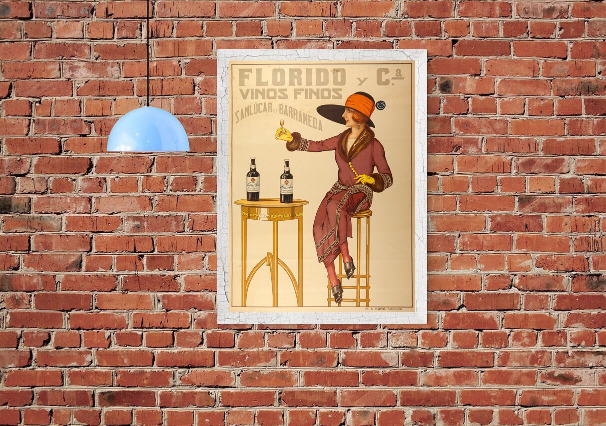 Illustration Florido and Company. Wines and Sherries advertising. Vintage home Deco reproduction map.