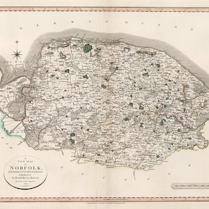 Map of Norfolk, England UK 1807.  Vintage Home Deco Style Old Wall Map Reproduction