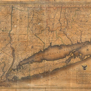 Mapa del sur del estado de Nueva York, 1815. Incluye el estrecho de Long Island, Connecticut y Nueva Jersey. Reproducción de mapa antiguo.