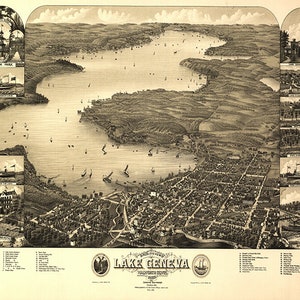 Carte du lac Léman, Walworth Co., Wisconsin 1882, WI.  Impression de reproduction de carte murale ancienne de style déco pour la maison, quincaillerie de restauration vintage.
