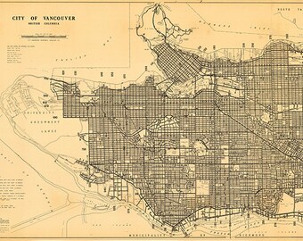 Vancouver, British Columbia, Canada in 1980.  Vintage restoration hardware home Deco Style old wall reproduction map print.