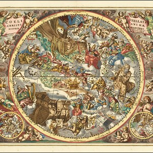 1660 carte céleste des constellations selon le symbolisme chrétien. Harmonia Macrocosmica d'Andreas Celarius - Reproduction d'astronomie