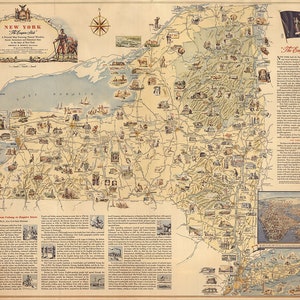 Carte picturale de l’État de New York.  maison vintage Deco Style ancienne carte de reproduction murale impression.