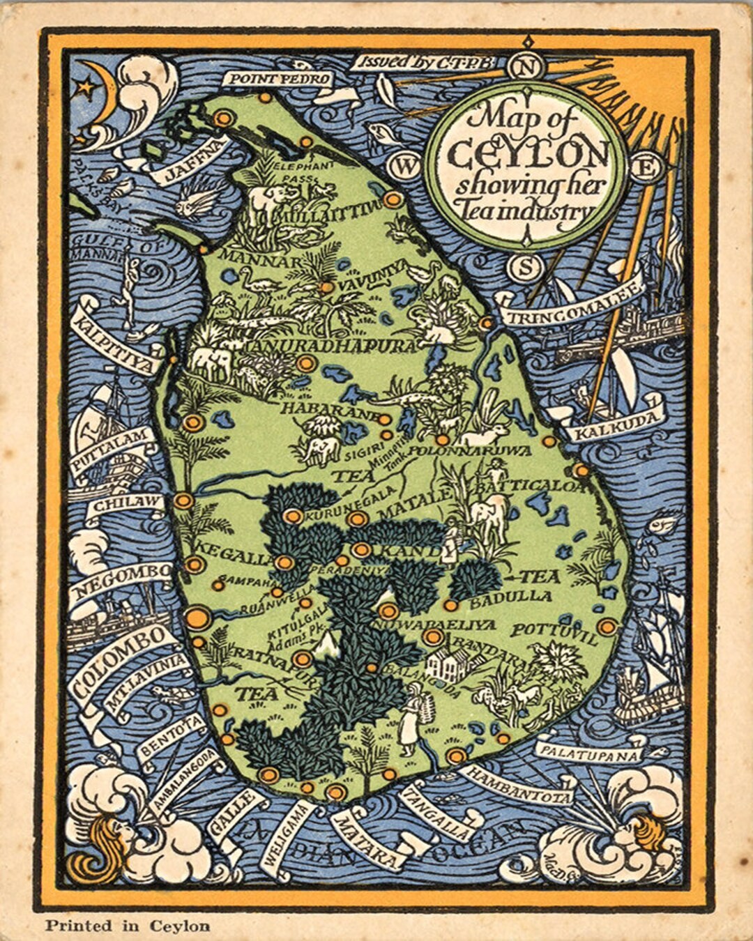 Map of Sri Lanka, Ceylon Showing Her Tea Industry. Vintage Home Deco ...