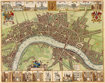 Historic 17th century map of London by W.Hollar.  Restoration Hardware Home Deco Style Old Wall Map. Vintage Reproduction