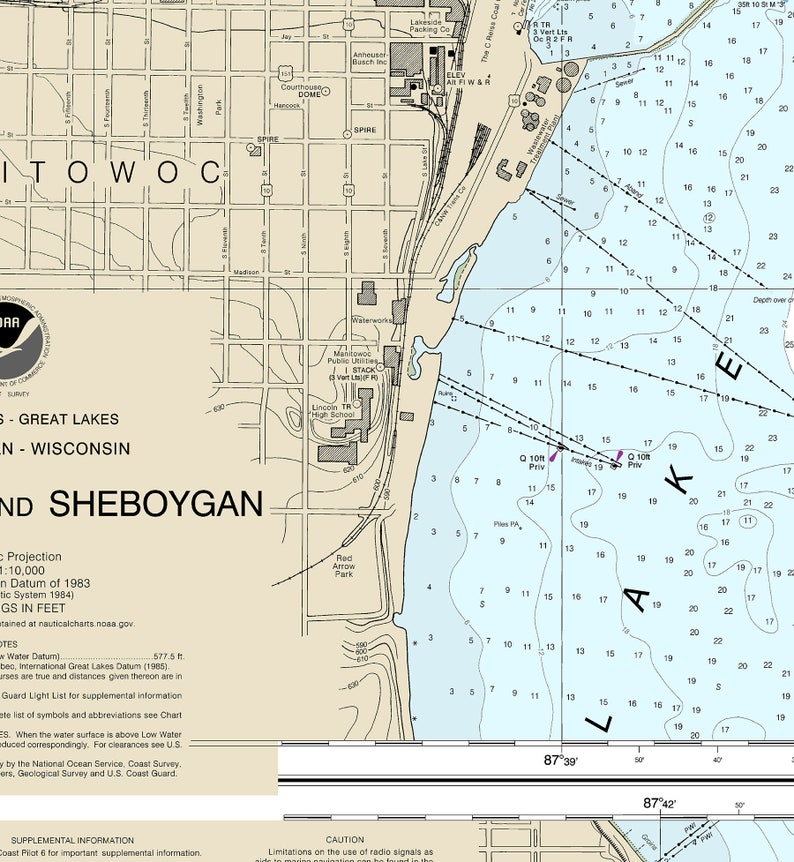 Manitowoc & Sheboygan, Lake Michigan Reproduction Nautical Map NOAA