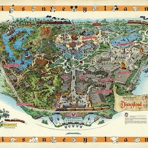 Disneyland Map - Panorama-Vogelansicht-Karte von Disneyland. Vintage-Restaurierung Hardware-home Deco-Stil alte Wand Reproduktion Karte Drucken.
