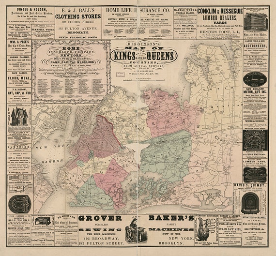 Map of Kings and Queens counties New York NY Higginson and Etsy