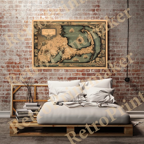 Massachusetts MA Restoration Hardware Home Deco Style Old Wall Vintage Reprint Pictorial Map of Cape Cod Barnstable County