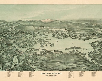 Map of Lake Winnipesaukee, NH New Hampshire. 1903.  Including Mt. Washington & Mt. Lafayette.  Vintage restoration home Deco reproduction