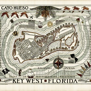 Carte illustrée de Key West, en Floride. carte de reproduction de décor de maison vintage.