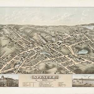 Mapa de Spencer, condado de Worcester, Massachusetts, MA, 1877. Reimpresión vintage de pared de estilo decorativo para el hogar de Restoration Hardware.
