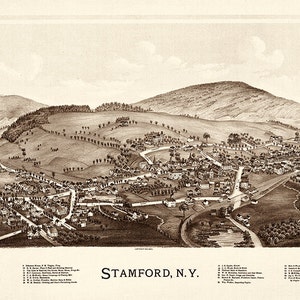 Stamford, New York, NY 1890. Vollständig restauriert! Kein schwarzes Glied in der Mitte, gedruckte Risse! Vintage Reproduktionskarte