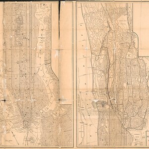 Mapa de la ciudad de Nueva York, Manhattan, 1884. Nueva York, NYC. Reimpresión vintage de Restoration Hardware, estilo decoración del hogar.
