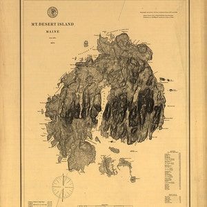 Path map of the Mount Desert Island, Acadia National Park, Maine.  1875.  Vintage reproduction topographic Map.