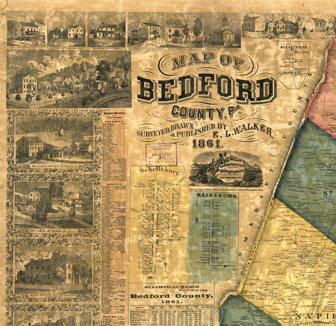 Map of Bedford County Pennsylvania PA 1861. Vintage Etsy