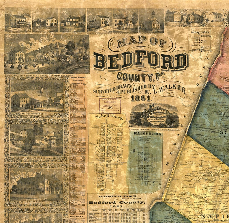 Map of Bedford County Pennsylvania PA 1861. Vintage Etsy