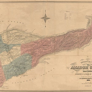 Karte von Amador County, Bundesstaat Kalifornien 1866 Vintage Restaurierung Hardware Haus-Deco-Stil alte Wandkarte Reproduktion.