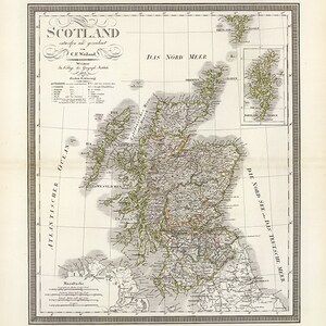 Mapa de Escocia, 1853. Impresión de reproducción de mapa de pared antiguo de estilo Deco para el hogar, restaurado con hardware de época.