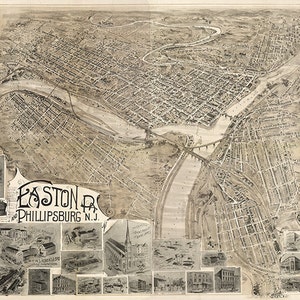 Vintage Easton, PA, y Phillipsburg, NJ Pennsylvania y Nueva Jersey 1900.  Casa vintage Deco Style antigua reproducción de pared impresión de mapa.