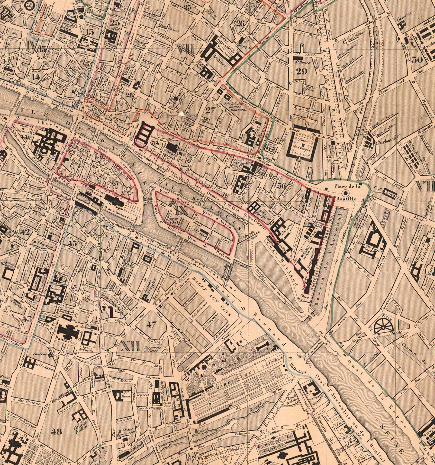 パリ鳥瞰図　エッチング　ポンヌフ付近 Map of Paris, France, 1850. Highly Detailed Map. Home Deco
