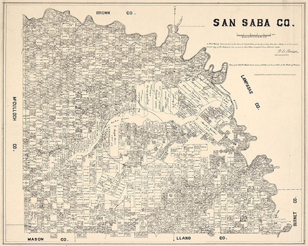 Map of San Saba County, Texas, TX 1879. Shows Ownership. Vintage