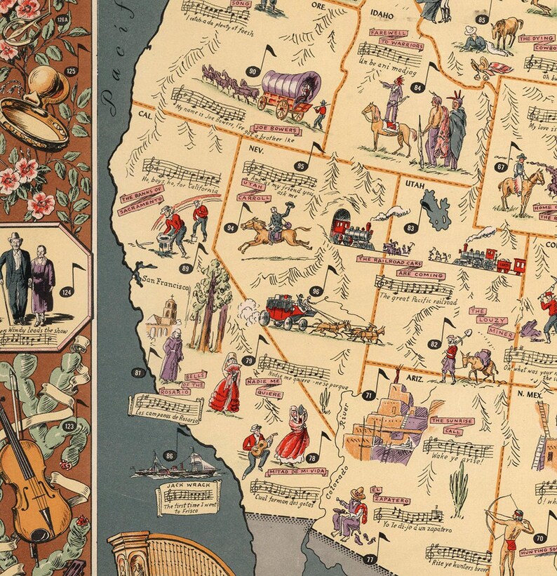 Folklore Music Map of the United States 1945. Laurence Etsy