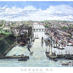 Oswego, Nueva York, mostrando la desembocadura del río Oswego en el lago Ontario, 1855. NY0010 Impresión de póster de reproducción vintage