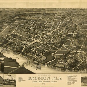 Carte de Gadsden, comté d'Etowah, Alabama, Alabama, 1885. Reproduction d'une carte murale ancienne de style déco pour la maison.