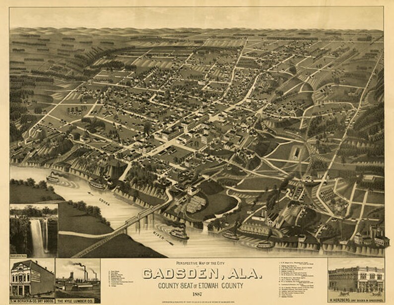 Map of Gadsden Etowah County Alabama AL. 1885. Vintage Etsy
