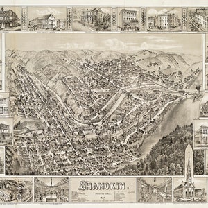 Mapa de Shamokin, condado de Northumberland, Pensilvania, PA 1884. Reproducción de Giclee de pared antigua de estilo vintage DECO.
