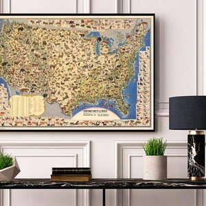 Sportman&#39;s Map of U.S. Wildlife and Birds.  Pictorial Decorative Wall Print Poster Art Home Décor Wall Hangings