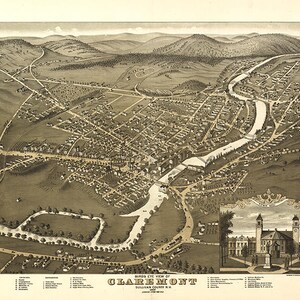 Mappa di Claremont, Contea di Sullivan, New Hampshire NH 1877. Vista a volo d'uccello. Restoration Hardware Home Deco Riproduzione giclée di Old Wall