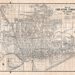 Carte de Toronto and Suburbs, Ontario, Canada en 1916.  Carte de réimpression d’oiseau vintage de style Déco Old Wall.