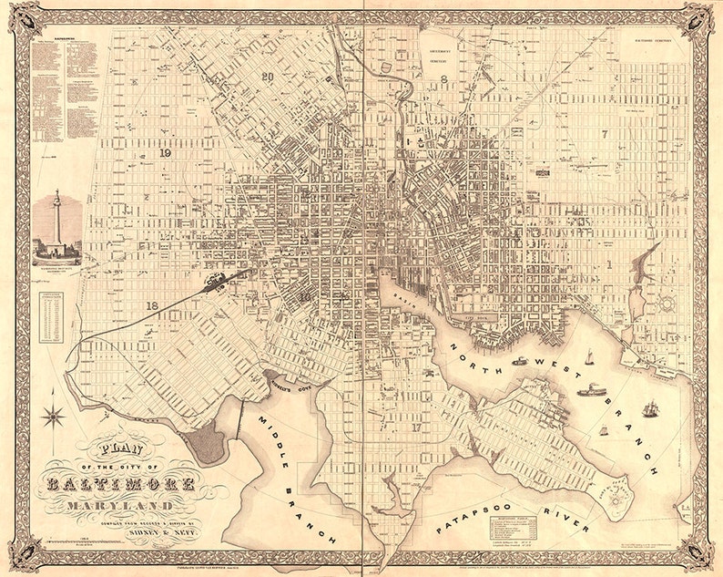 Baltimore city planning Maryland MD. Derveer 1851. Etsy