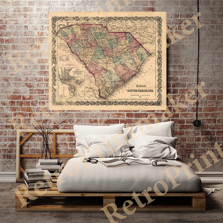 Map of South Carolina SC 1865. Vintage Restoration Hardware Home Deco ...